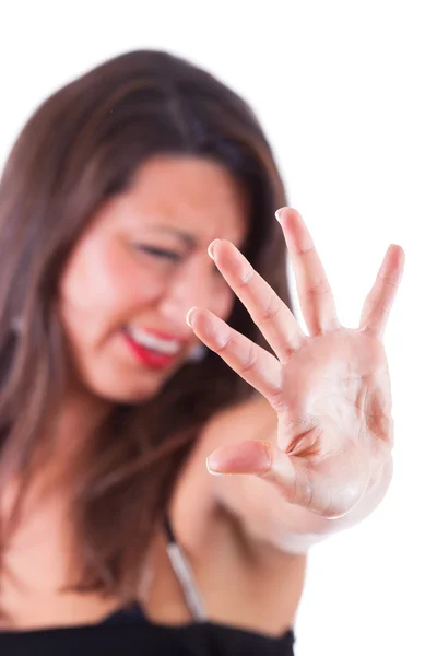 Kvinnan visar öppna handen, stoppskylt — Stockfoto