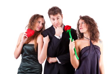 Handsome Man with two Women Flirting clipart