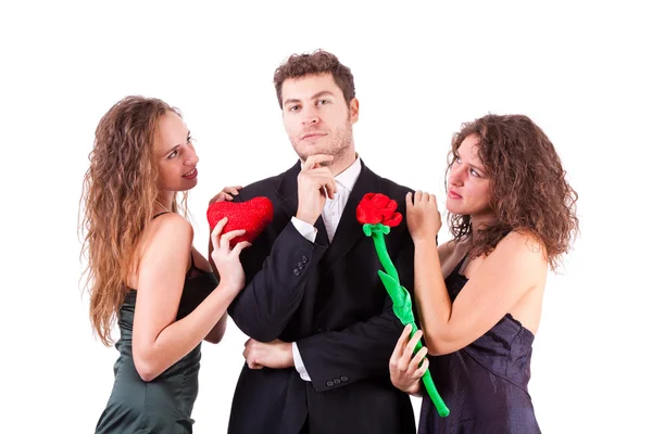 Handsome Man with two Women Flirting — Stock Photo, Image