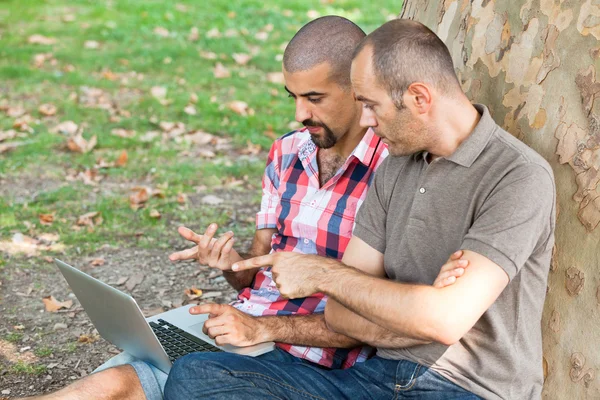 Δύο άνδρες που εργάζονται με υπολογιστή στο πάρκο — Φωτογραφία Αρχείου