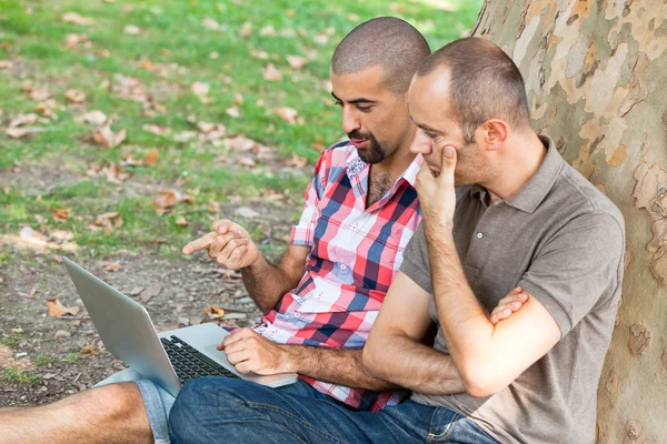Dois homens trabalhando com computador no parque — Fotografia de Stock