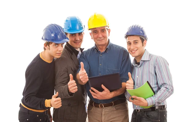 Engenheiros ou arquitetos com capacete em fundo branco — Fotografia de Stock