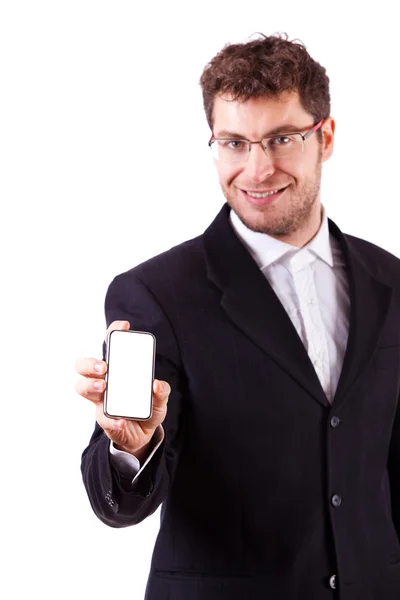 Jungunternehmer mit Smartphone auf Weiß — Stockfoto