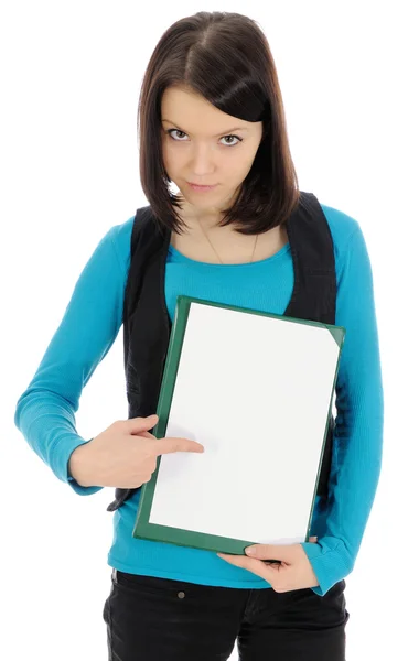 Muchacha sosteniendo signo en blanco — Foto de Stock