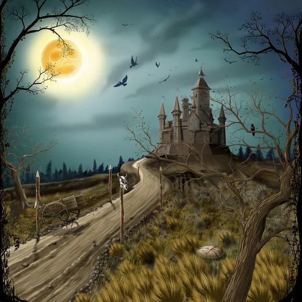Noite, lua e castelo escuro — Fotografia de Stock