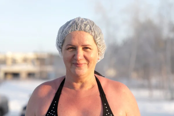 Woman after winter swimming — Stock Photo, Image