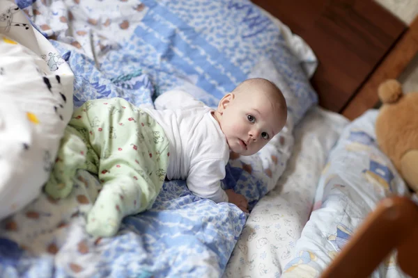 Baby on parents 'bed — стоковое фото