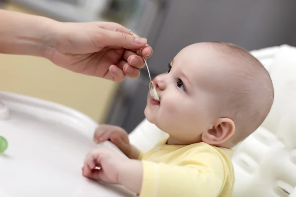 Mother feeds her boy — Stock Photo, Image