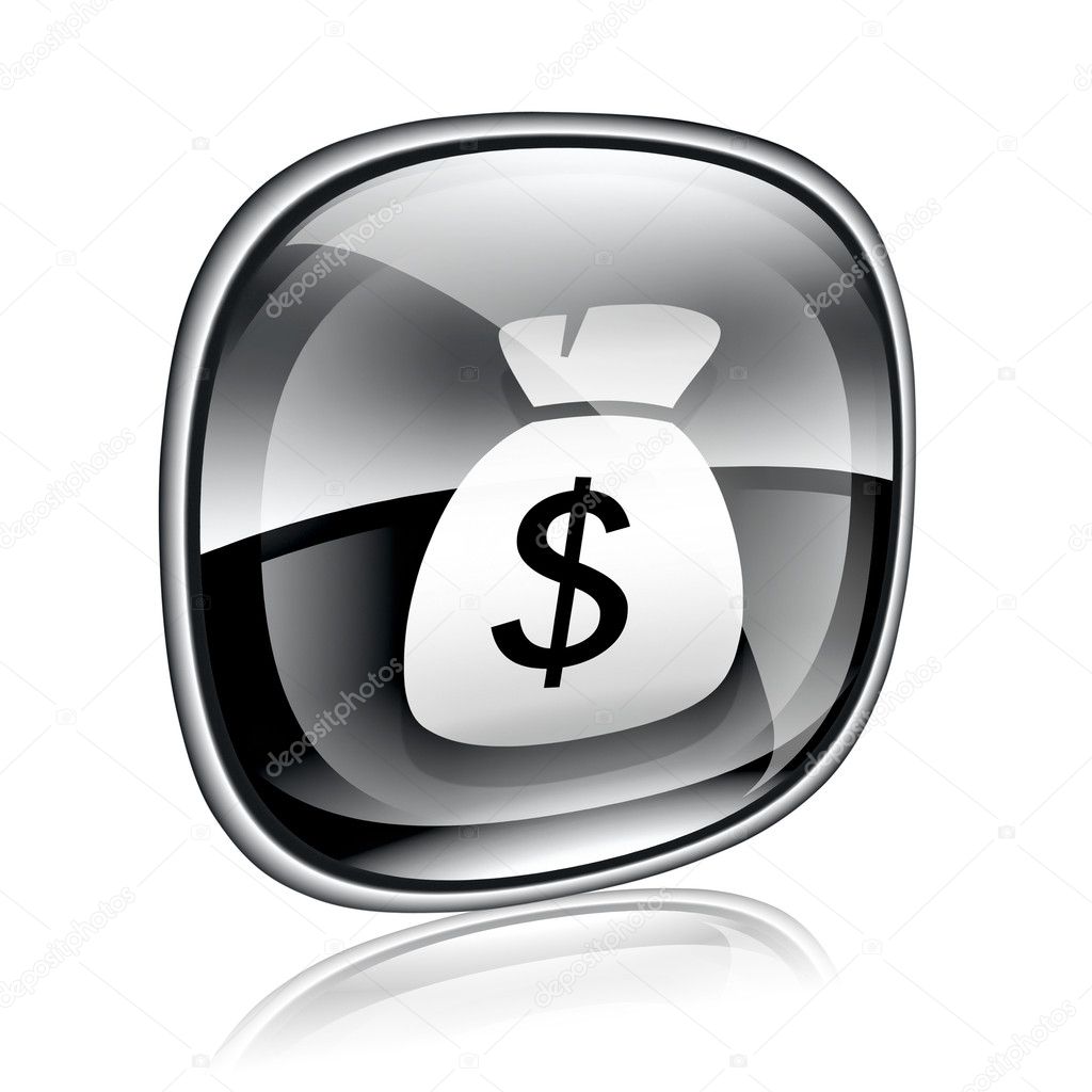 Dollar icon black glass, isolated on white background.