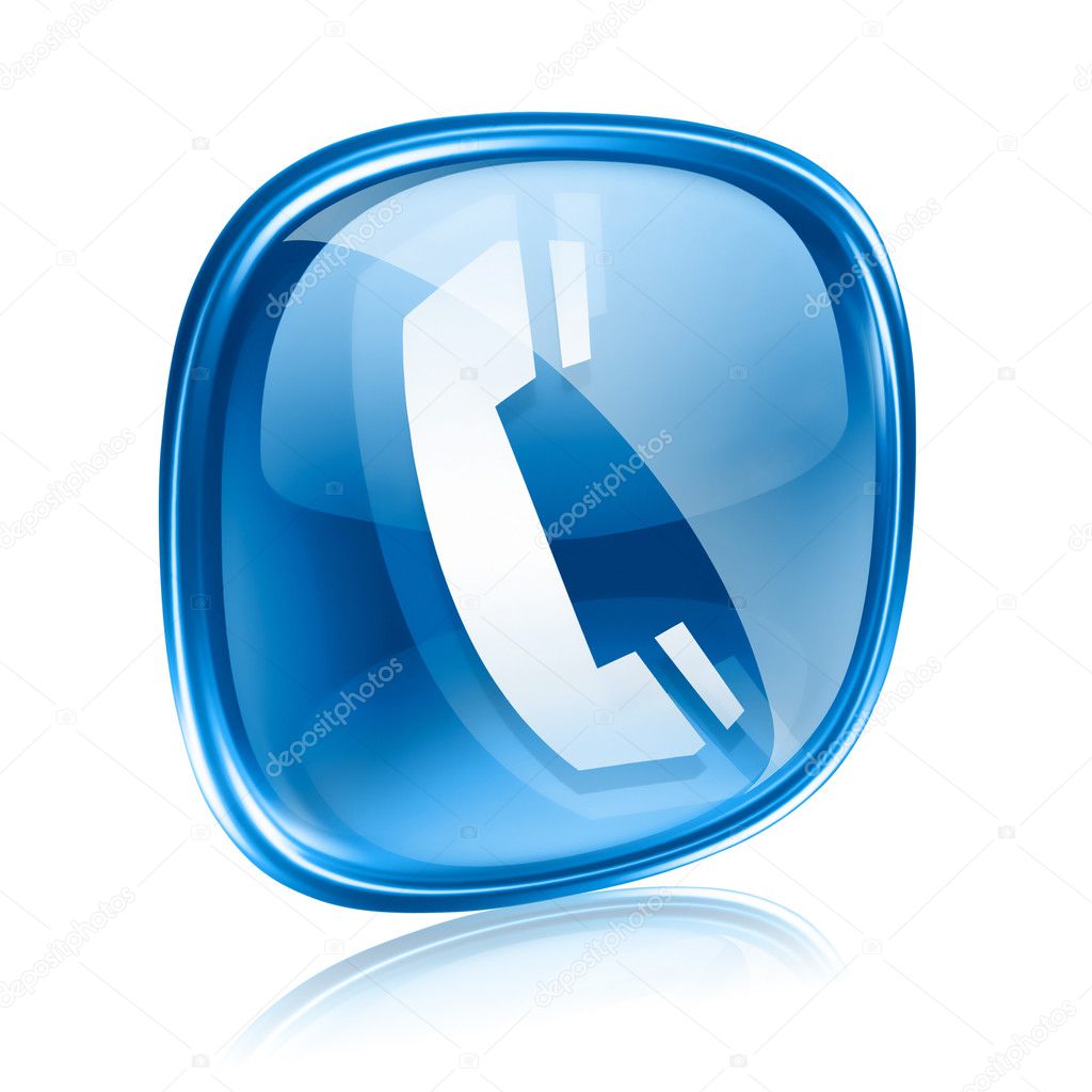 Phone icon blue glass, isolated on white background.