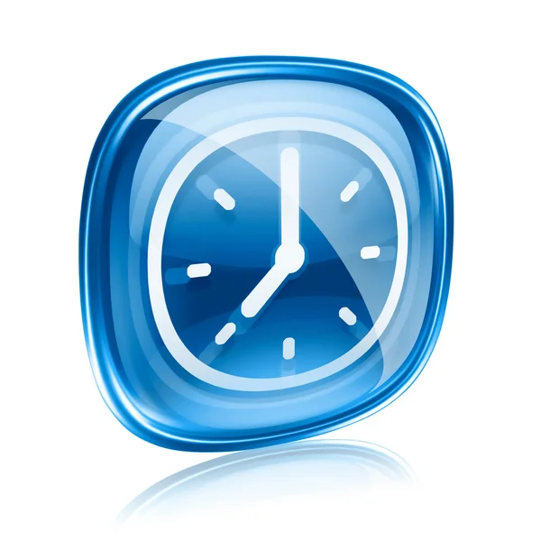 時計アイコンの青いガラス、白い背景で隔離 — ストック写真