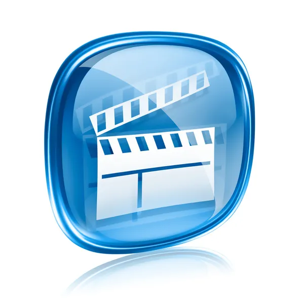 电影 clapperboard 图标蓝色玻璃，在白色背景上孤立 — 图库照片