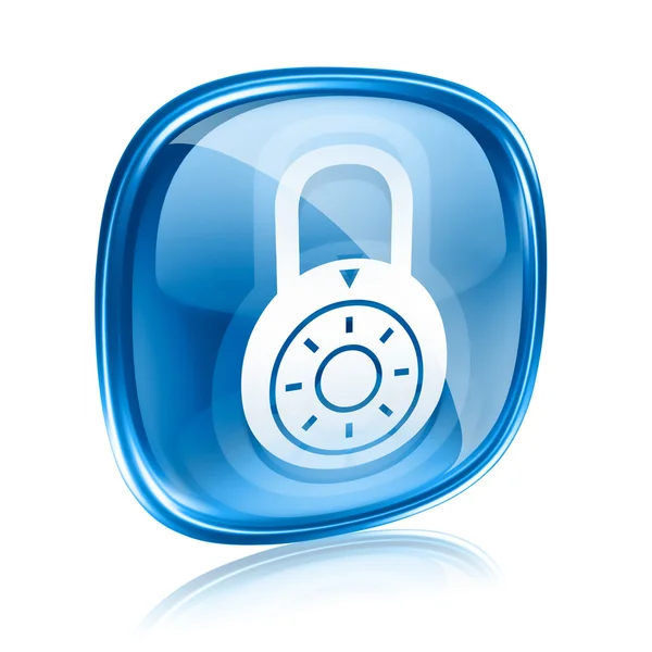 Lock is uitgeschakeld, pictogram blauw glas, geïsoleerd op witte achtergrond. — Stockfoto