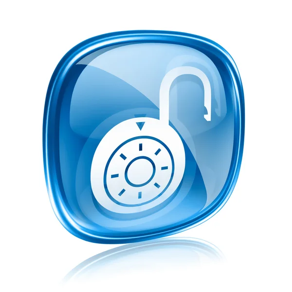 Lock is ingeschakeld, pictogram blauw glas, geïsoleerd op witte achtergrond. — Stockfoto