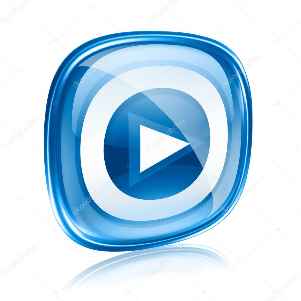 Play icon button blue glass, isolated on white background.