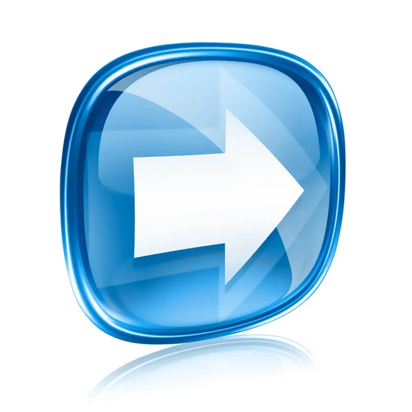 Pfeil rechts Symbol blaues Glas, isoliert auf weißem Hintergrund. — Stockfoto