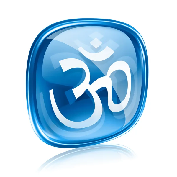 Om Símbolo icono de vidrio azul, aislado sobre fondo blanco . — Foto de Stock