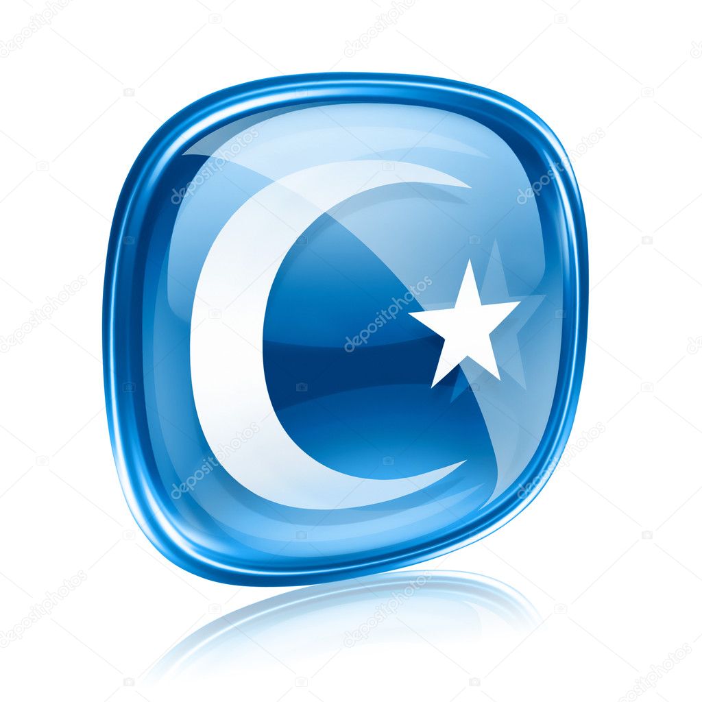 Moon and star icon blue glass, isolated on white background.
