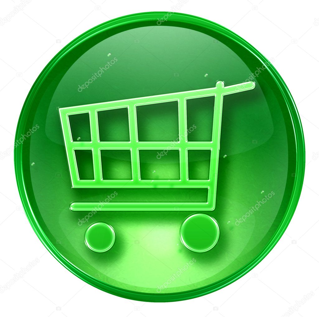 Shopping cart icon green, isolated on white background.