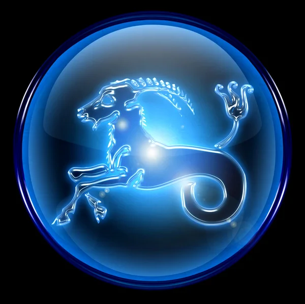 Przycisk znak zodiaku Koziorożec, na białym tle na czarnym tle. — Zdjęcie stockowe