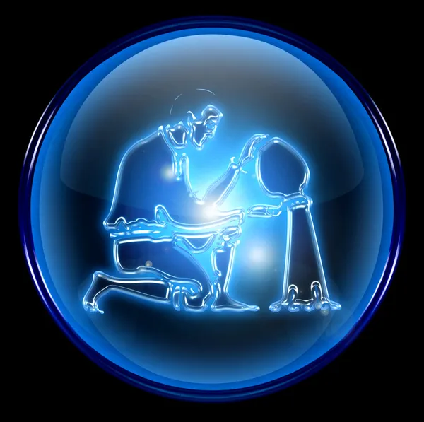 Icono del botón del zodíaco de Acuario, aislado sobre fondo negro . —  Fotos de Stock