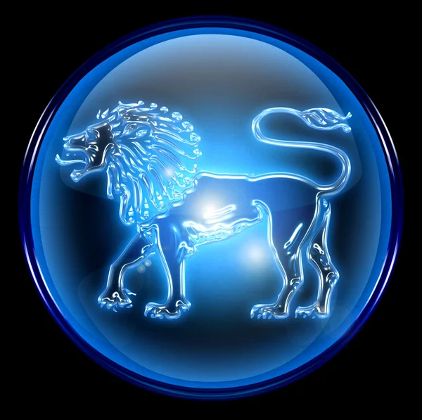 León icono del botón del zodíaco, aislado sobre fondo negro . —  Fotos de Stock