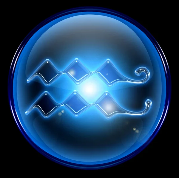 Ícone do botão do zodíaco Aquarius, isolado em fundo preto . — Fotografia de Stock