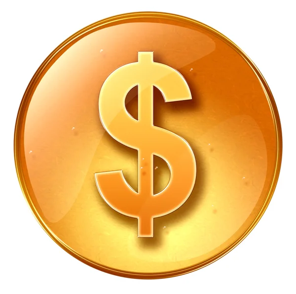 Желтый значок доллара кнопки, выделенный на белом фоне — стоковое фото