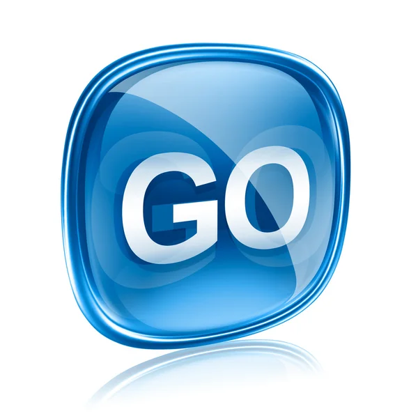 GO icono de vidrio azul, aislado sobre fondo blanco — Foto de Stock