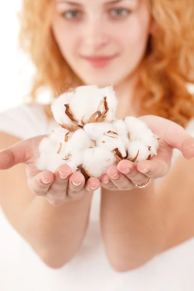 stock image Young woman with cotton flowers