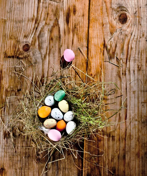 Ovos de Páscoa no ninho de um pássaro — Fotografia de Stock