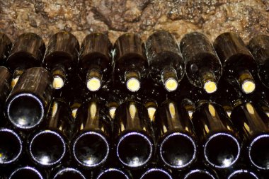 Bottles of wine in rows in wine cellar