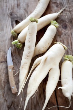 Daikon radish on the wood background clipart