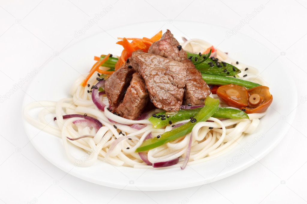 Meat with vegetables and noodles