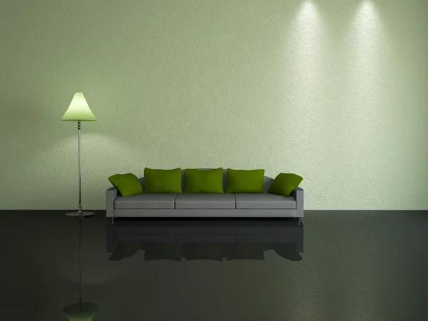 Sofa abu-abu dengan bantal hijau — Stok Foto
