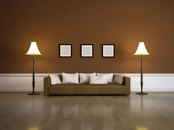 L'interno di con divano marrone — Foto Stock