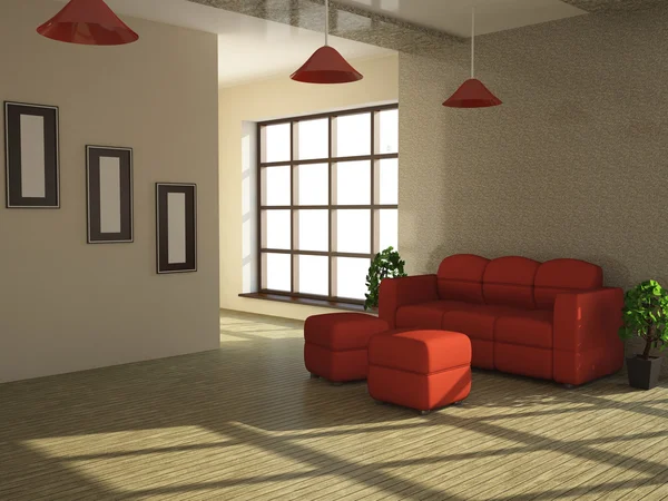 Röd soffa och en växt — Stockfoto