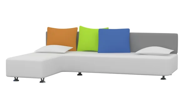 Диван с разноцветными подушками на белом фоне — стоковое фото