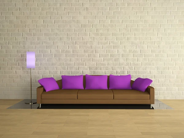 Sofa with lilac pillows near — Zdjęcie stockowe