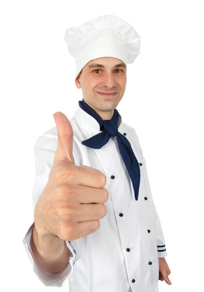Happy chef with thumbs up isolated on white