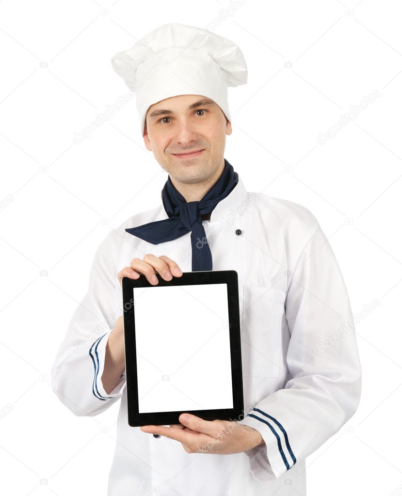 Young cook man showing a digital tablet