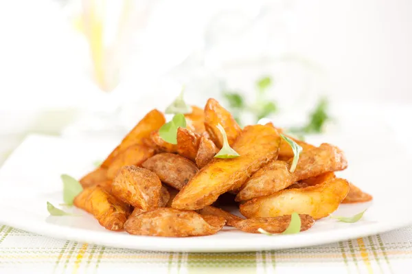 Fried potato slices on a white plate — Stock Photo, Image