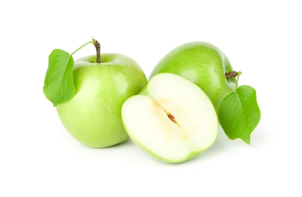 Three green apples with leaves — Stock Photo, Image