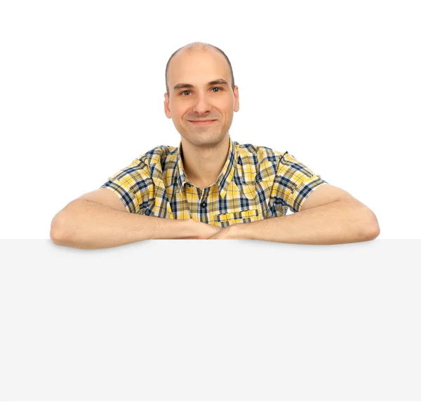 Happy handsome smiling man with banner. Isolated over white back — Stock Photo, Image