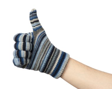 Hand in blue mittens show gesture ok clipart