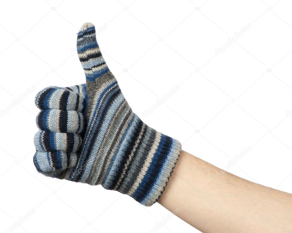 Hand in blue mittens show gesture ok