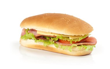 Half of long baguette sandwich with lettuce, tomatoes, and ham clipart