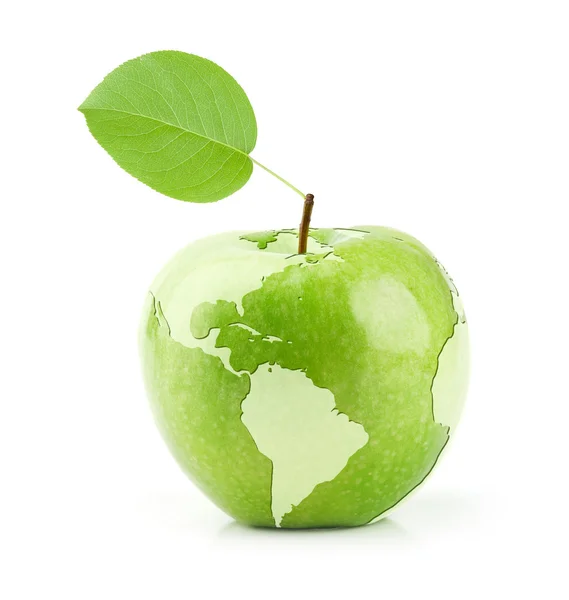 Зелене яблуко з картою світу — стокове фото