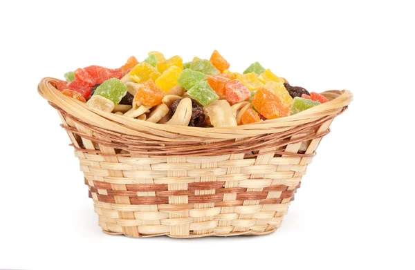 Nuts and dried fruit in a basket — Stock Photo, Image