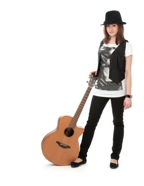 Girl with the guitar isolated on white background